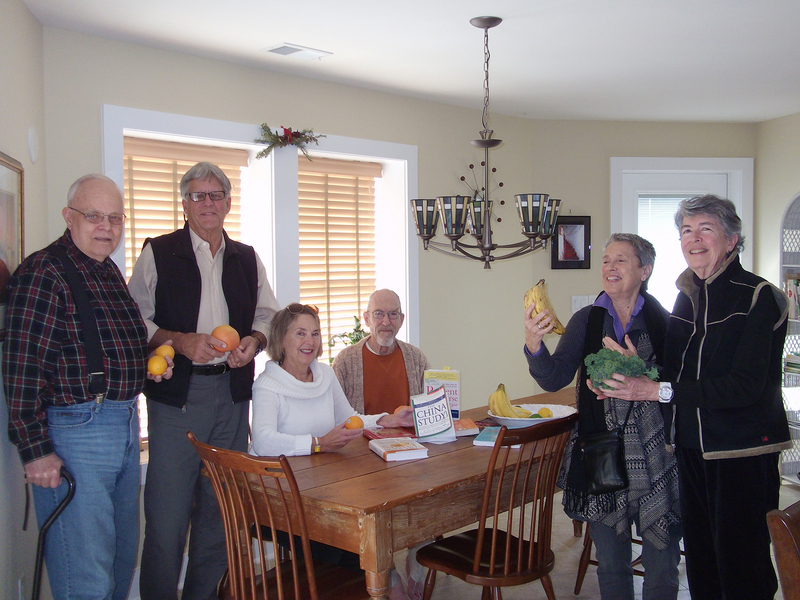 Nearly 60 signatures have been collected by Dorothy Greet in an effort to bring plant-based eating to Beebe Medical Center. The group wants the hospital to educate its employees and patients on the benefits of nutrition. Shown during a plant-based lunch in Lewes are (l-r) Tom Warner of Bethany Beach, and George and Caryl Williams, David Greer, Rachel Grier-Reynolds and Dorothy Greet, all of Lewes. BY RACHEL SWICK MAVITY